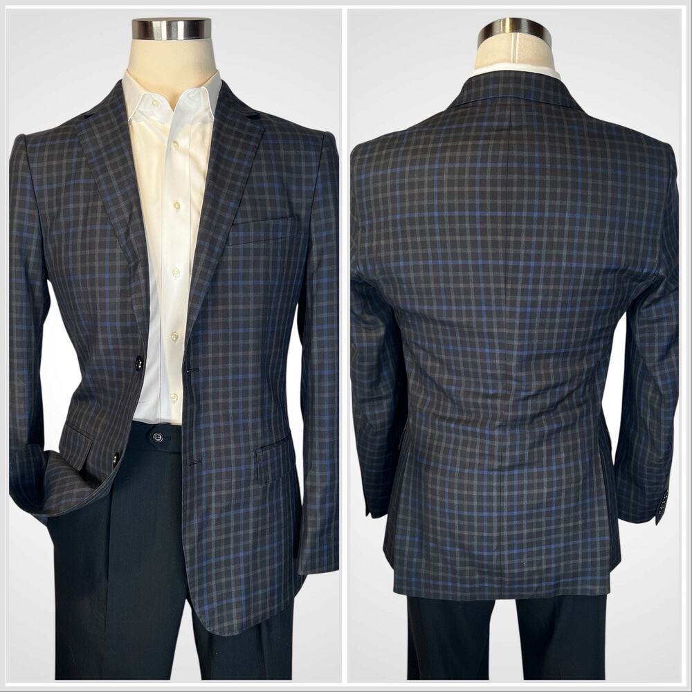Antonio Cardinni 40L Blazer Wool Silk Blend Gray Blue Plaid - Picture 2 of 14